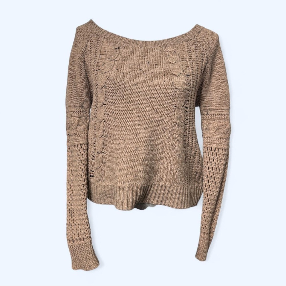 American Eagle Cable Knit Sweater Brown Tan Size S Petite‎ Cottagecore Boho Cozy